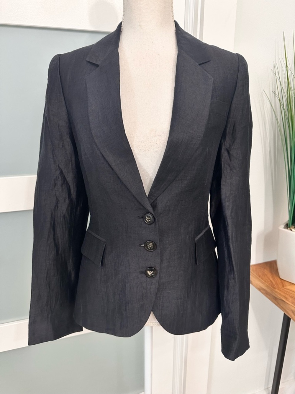 Anne Fontaine Black Rodriga Linen Single Breasted Blazer SZ 38 Quiet Luxury EUC